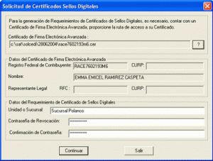 Solicitud del Certificado de Sello Digital - Captura de datos