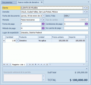 Captura del recibo de donativos