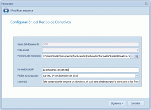 Configuración del recibo de donativo