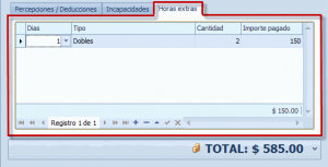 Captura del recibo de nómina - Horas extras