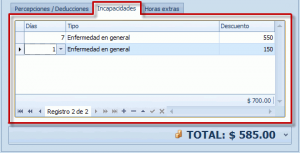 Captura del recibo de nómina - Incapacidades