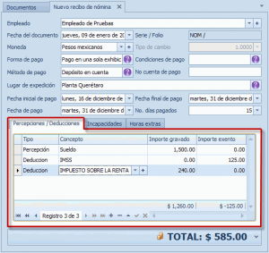 Captura del recibo de nómina - Percepción / Deducción