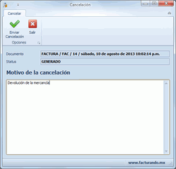 Ventana que te permite llevar a cabo la cancelación de facturas.