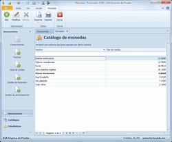 Ventana que muestra la relación de las diferentes monedas disponibles al momento de la generación de facturas.