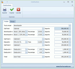 Ventana que permite la captura de datos para la emisión de facturas de constructoras.